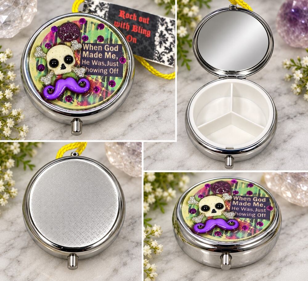Handmade Skull Mustache Mirrored Pill Box “When God Made Me” Rhinestone Trinket